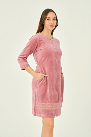 kadın fermuarlı dantel detaylı 3/4 kol pamuklu kadife elbise