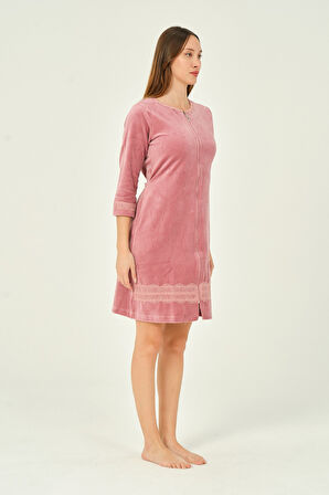 kadın fermuarlı dantel detaylı 3/4 kol pamuklu kadife elbise