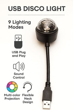 Araç İçi LED Işık USB Disko Topu Çok Renkli 9 Modlu Tavan ve Ayak Altı Aydınlatma Ses Kontrollü Mini Projektör Parti Atmosfer Lambası