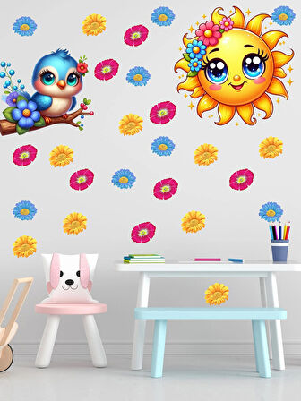 Çiçek Desenli Sevimli Güneş Piriz sticker, Duvar süsü