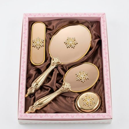 Saraylı Kar Tanesi Serisi Gold Ayna Fırça Seti 4'lü - Lüks Taşlı Gelin Bohçası Takımı