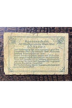 Avusturya Österreich 50 Heller Kassenschein der Stadtgemeinde Wien (Vİyana) 1920 kleingeldnot