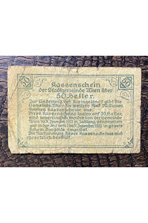 Avusturya Österreich 50 Heller Kassenschein der Stadtgemeinde Wien (Vİyana) 1920 kleingeldnot