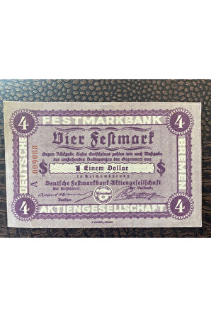 Alman Reich dönemi 1923 Deutsches Reich Vier (4) Festmark 1 Dollar Festmarkbank Aktiengesellschaf
