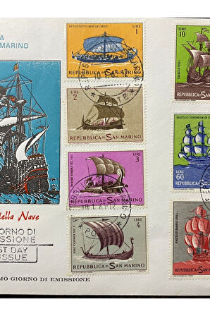 Repubblica S. Marino "Storia della Nave" 1963 Yelkenli/ Gemi Temalı ilk Gün Zarfı FDC 1963 Tam Seri