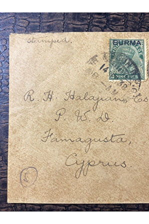 1938 Damgalı Hindistan'dan Kıbrısa Gönderilmiş Zarf Famagusta ve Limasol varış Damgalı BURMA Sürşar