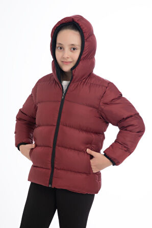 Kız Çocuk Polarlı Kürklü Kapüşonlu Su Geçirmez Rüzgara Dayanıklı Cepli Şişme Kışlık Mont
