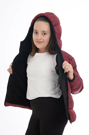 Kız Çocuk Polarlı Kürklü Kapüşonlu Su Geçirmez Rüzgara Dayanıklı Cepli Şişme Kışlık Mont