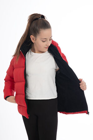 Kız Çocuk Polarlı Kürklü Kapüşonlu Su Geçirmez Rüzgara Dayanıklı Cepli Şişme Kışlık Mont