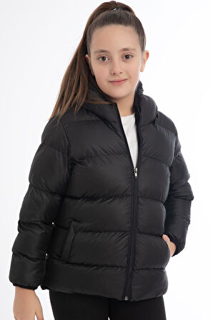 Kız Çocuk Polarlı Kürklü Kapüşonlu Su Geçirmez Rüzgara Dayanıklı Cepli Şişme Kışlık Mont