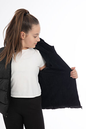 Kız Çocuk Polarlı Kürklü Kapüşonlu Su Geçirmez Rüzgara Dayanıklı Cepli Şişme Kışlık Mont