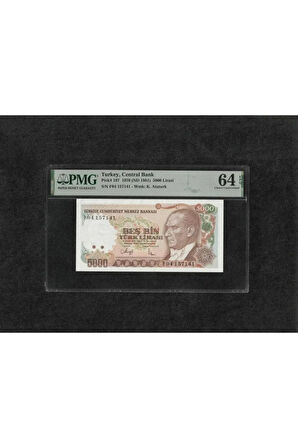 Türk Lirası PMG 64 EPQ CHOİCE UNC ÇİL 5.000 Lira P 197 1970 (ND 1981) S/N F04 7. Emisyon 3. Tertip