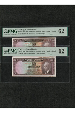 PMG 62 UNC ÇİL İnönü Batan Gemi 50 Kuruş P 133 1930 S/N A6 293012/13 2. EMS SERİ TAKİPLİ