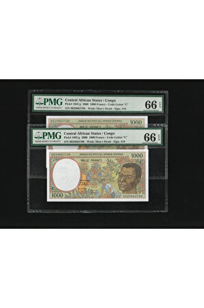 2 Adet Congo Central African States 1000 Francs Frank SERİ Takipli P 102Cg PMG 66 EPQ GEM UNC ÇİL