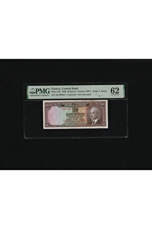 PMG 62 UNC ÇİL İnönü Batan Gemi 50 Kuruş P 133 1930 S/N A6 293015/16 2. EMS SERİ TAKİPLİ