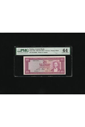 2.5 TL 2 1/2 İKİ BUÇUK Türk Lirası PMG 64 CHOİCE UNC ÇİL P 152a 1957 S/N Z42 80261 / 5.. Emisyon