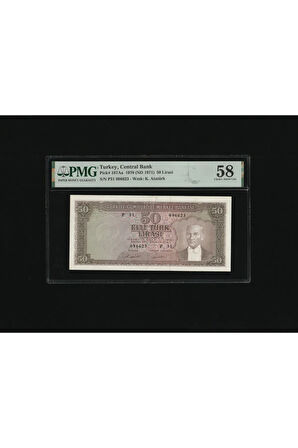 PMG 58 ELLİ Türk Lirası 50 TL 1970 (ND 1971) P 187Aa S/N P31 096623 5. EMS 7. T ÇA