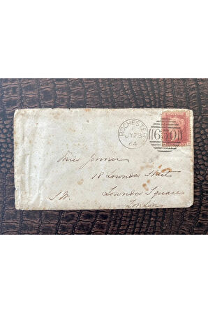 İngiltere Klasik Dönem 1867 Victoria Dönemi Red Penny Pullu Zarf postadan geçmiş Plate Number 80