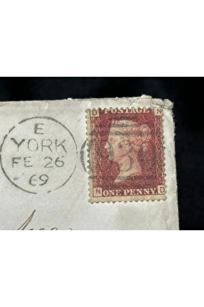 İngiltere Klasik Dönem 1869 Victoria Dönemi Red Penny Pullu Zarf postadan geçmiş Plate Number 110 H