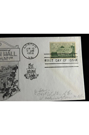 1958 Amerika İlk Gün Zarfı USA3 #1108 ADDR ARISTOCRATS FDC Gunston Hall postadan geçmiş