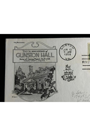 1958 Amerika İlk Gün Zarfı USA3 #1108 ADDR ARISTOCRATS FDC Gunston Hall postadan geçmiş