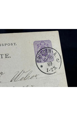 Antiye 1889 yılı Alman Reich döneminden 5 Pfennig kendinden Pullu Post kartı postadan geçmiş varış