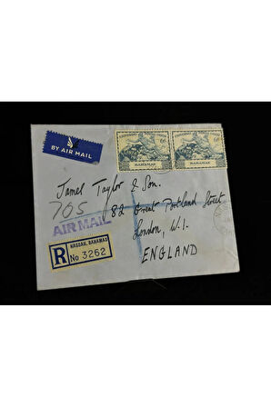Uçak Postası Air Mail 1949 yılından Bahama'lardan İngiltereye postalanmış 2x 6d Pullu taahhütlü Za