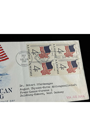4th July 1960 FDC İlk Gün Zarfı 50 yıldız Amerikan Bayraklı dörtlü Block Pullu Air Mail Uçak Postas