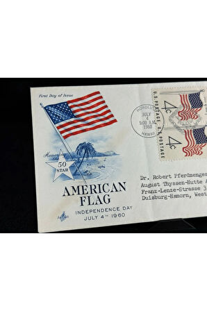 4th July 1960 FDC İlk Gün Zarfı 50 yıldız Amerikan Bayraklı dörtlü Block Pullu Air Mail Uçak Postas