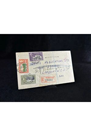 1953 yılında Trinidad and Tobago dan taahhütlü İngiltere'ye postalanmış 8, 12, 24 Cent Pullu Regis