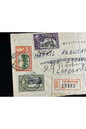 1953 yılında Trinidad and Tobago dan taahhütlü İngiltere'ye postalanmış 8, 12, 24 Cent Pullu Regis