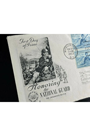 1953 FDC İlk Gün Zarf Honoring the National Guard USA Amerika'dan İngiltere'ye postalanmış dörtlü B