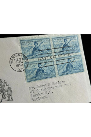 1953 FDC İlk Gün Zarf Honoring the National Guard USA Amerika'dan İngiltere'ye postalanmış dörtlü B