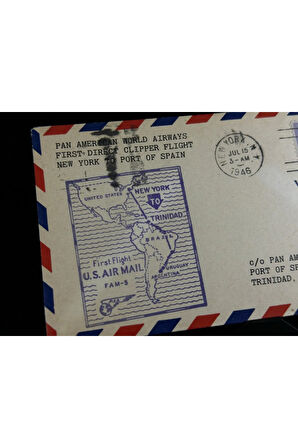 1946 Amerika'dan Trinidad İlk Uçuş İlk Gün Zarf FDC varış Damgalı Uçak Postası Airmail Pan American