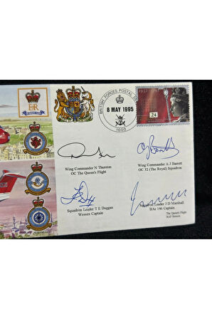 İngiltere Kraliyet Kraliçe Uçuşu İlk Gün Zarfı 1995 THE QUEENS FLİGHT FDC Islak İmzalı Limited 47