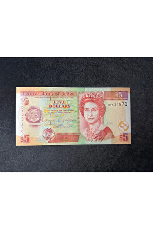 QUEEN ELİZABETH II Belize 5 Dolar 2020 SERİ NO DY511870 UNC ÇİL BELIZE $ 5 DOLLARS 2020