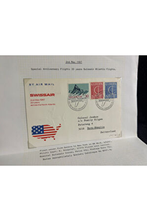 Uçak Temalı İsviçre Özel Gün Damgalı İlk Gün Zarfı FDC 20 Years SWİSSAİR Atlantic Flights