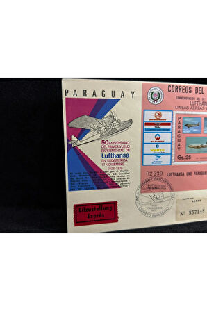 1976 Lufthansa Airmail Aerophilately Paraguay Almanya İlk Gün Zarfı FDC taahhütlü Uçak Postası