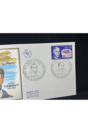 1971 Fransa İlk Gün Zarfı Pilot Henri Farman Premier Uçak temalı İpek Baskı France FDC