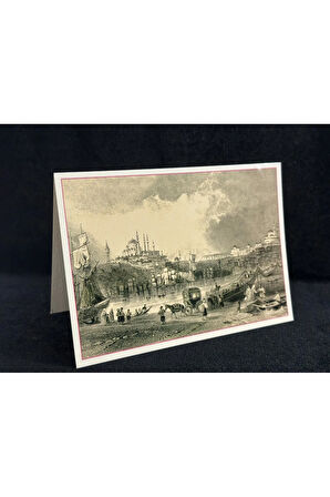 19. yüzyıl istanbul Thomas Allom Gravürü kartpostal Haliçten Süleymaniye Camii'ne bakış