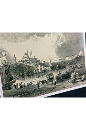 19. yüzyıl istanbul Thomas Allom Gravürü kartpostal Haliçten Süleymaniye Camii'ne bakış