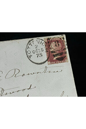 İngiltere Klasik Dönem 1875 Victoria Dönemi Red Penny Pullu Zarf postadan geçmiş varış damgalı