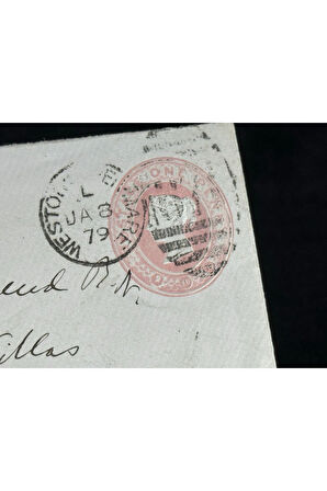İngiltere Klasik Dönem 1879 Victoria Dönemi Pink Penny kendinden Pullu Antiye Zarf varış Damgalı