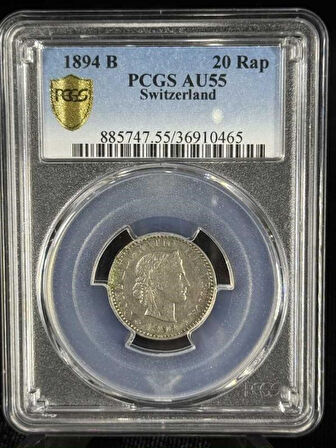 PCGS AU55 – 1894 İsviçre 20 Rappen | QR Kodlu Sertifikalı Orijinal Koleksiyon Parası