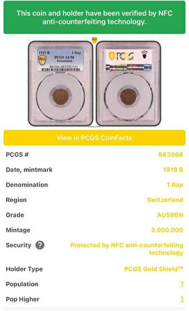 PCGS AU58 – 1919 B İsviçre 1 Rap Sertifikalı | NFC Çipli Özel Koleksiyon Parası