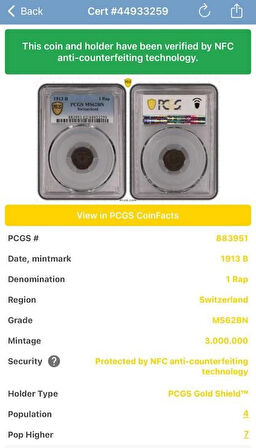 PCGS MS62BN – 1913 B İsviçre 1 Rap Sertifikalı | NFC Özel Koleksiyon Parası