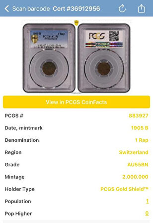 1905 B İsviçre 1 Rap – PCGS AU55BN Sertifikalı | Nadir ve Orijinal Koleksiyonluk!