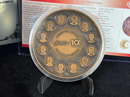 TÜRKİYE CUMHURİYETİ’NİN 100. YILI – BRONZ HATIRA SİKKESİ (DARPHANE ÖZEL BASIM) ve Özel Kadife Kutusu
