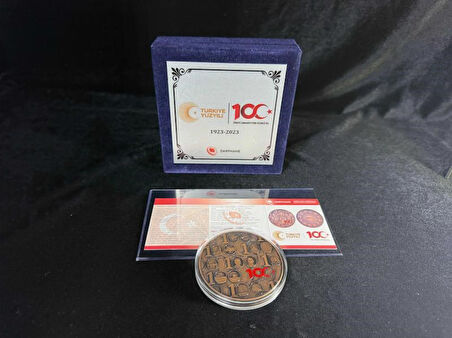 TÜRKİYE CUMHURİYETİ’NİN 100. YILI – BRONZ HATIRA SİKKESİ (DARPHANE ÖZEL BASIM) ve Özel Kadife Kutusu