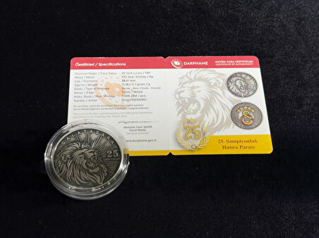 Galatasaray – 25. Şampiyonluk Gümüş/Okside Hatıra Sikkesi (Darphane, 925 Ayar, Mineli)